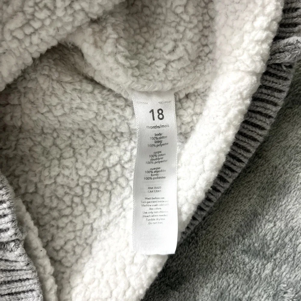 Carters Hooded Sherpa Lined Bear Ear Sweater Coat Grey 18M Unisex